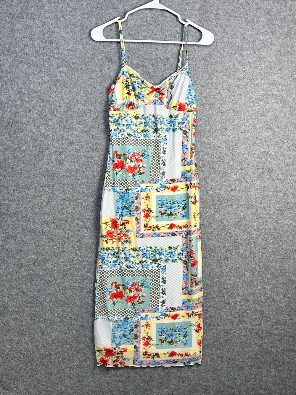 Thirty Thirty Size M Blue Yellow Floral Patchwork Maxi Slip Dress Spag Straps